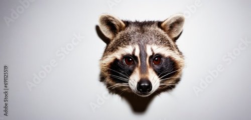  a close up of a raccoon's face on a white background with a reflection of the raccoon's head. © Jevjenijs