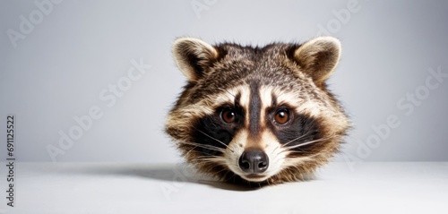  a close up of a raccoon's face looking at the camera on a white surface with a gray background. © Jevjenijs