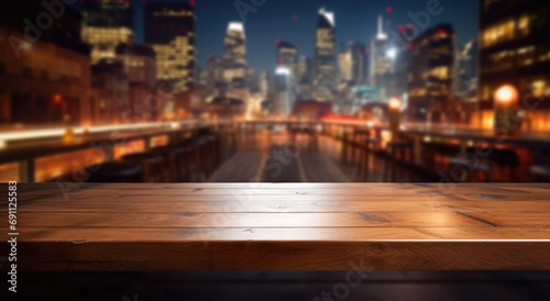 an empty wooden bar table in city at night