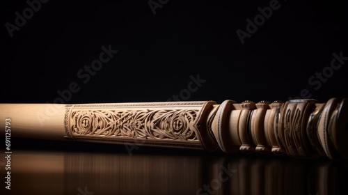  a close up of a wooden baseball bat on a table with a reflection of the bat on the table and the bat in front of the bat is made of wood.