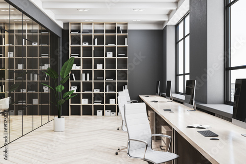 Modern coworking office interior with bookshelves and furniture. 3D Rendering. photo