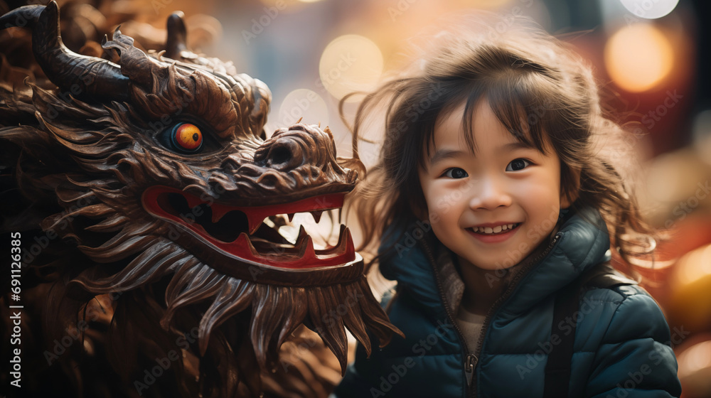 portrait of an asian girl next to a dragon. chinese new year celebration. - obrazy, fototapety, plakaty 