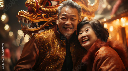 An elderly Asian couple walks around the city during New Year's Eve celebrations. Chinese New Year. Portrait of Asian elderly couple with dragon in the background