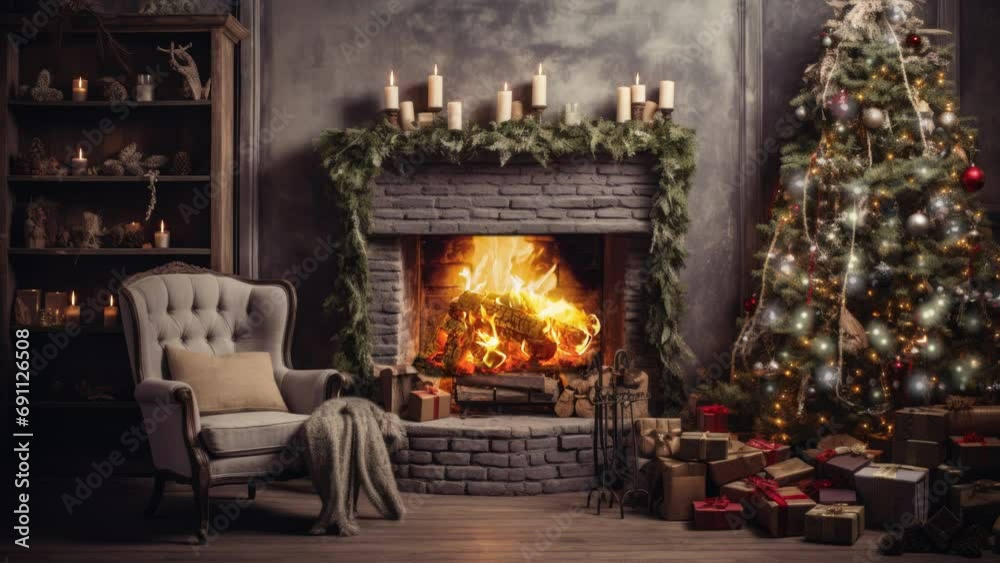 A Cozy Fireplace Decorated With Christmas Tree A Cozy Fireplace Decorated With Christmas Tree