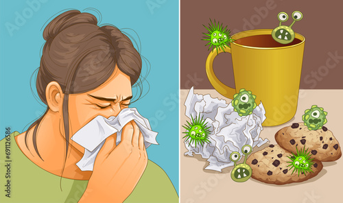 Woman blows her nose. Spread of the epidemic. Lack of personal hygiene. Healthcare illustration. Vector illustration.