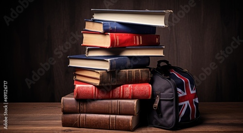 an old british backpack decorated with the british flag sits on top of a stac...