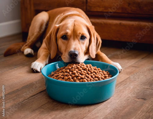 Dog next to a bowl of dog food, dry dog food