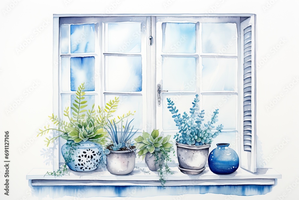 Watercolor illustration of a windowsill with potted plants.
