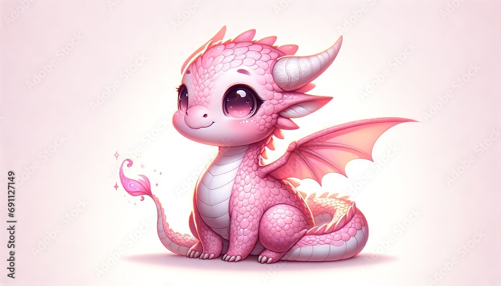 2D illustration of a young baby pink dragon isolated on a white background