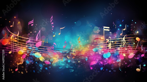 vibrant musical harmony: colorful notes background with sheet music, disc, and treble clef - illustration for creative projects photo