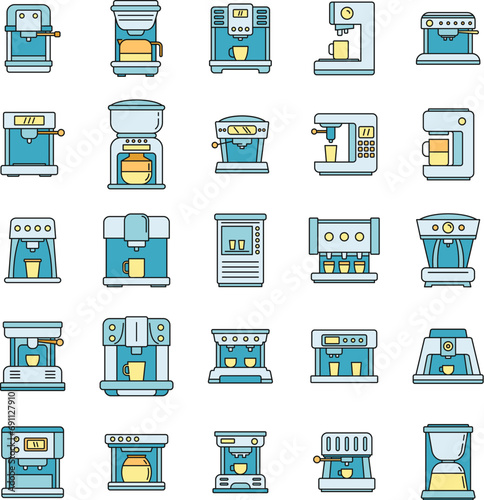 Automatic coffee machine icons set. Outline set of automatic coffee machine vector icons thin line color flat on white