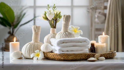 Towels with herbal bags and beauty treatment items setting in spa center in white room