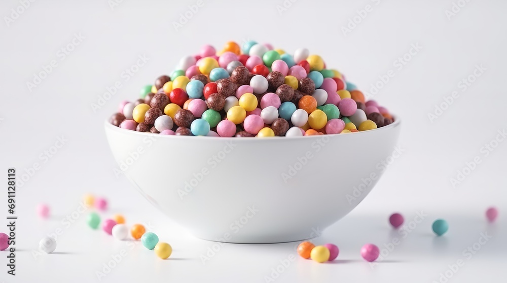 A white bowl overflowing with colorful, multi-flavored candy spheres