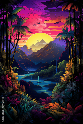 Neon Tropica silhouette of mountains, trees and birds Sunset Poster and Wallpaper - Generative AI Illustration