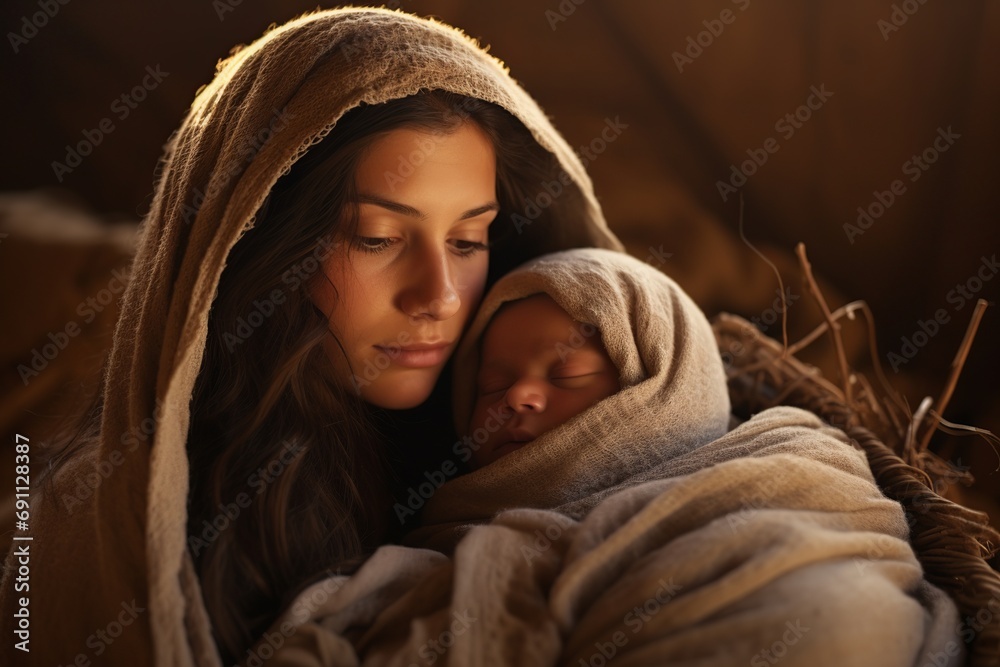 Saint Virgin Mary mother of Jesus with the newborn baby Jesus Christ ...