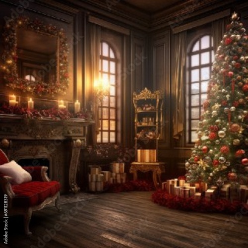 Christmas tree in a room  christmas decorations  Generated AI