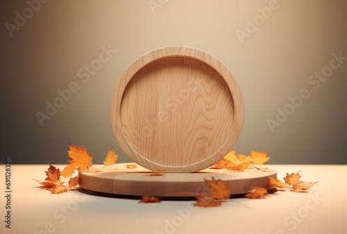 autumn leaves on a circular shape of wood placed on a table,