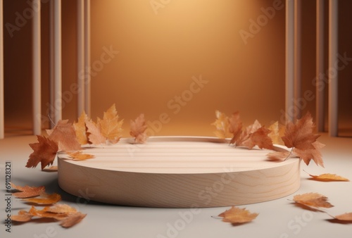 autumn leaves on a circular shape of wood placed on a table,