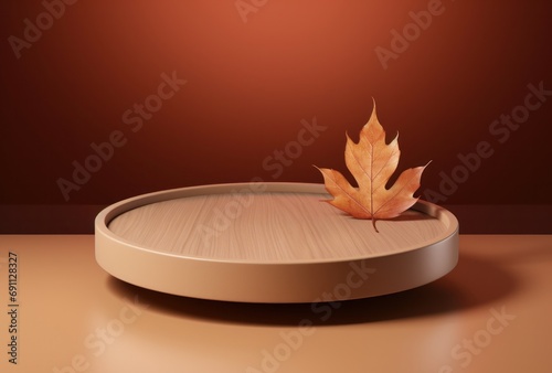 autumn leaves on a circular shape of wood placed on a table,