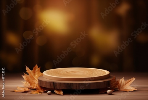 autumn leaves on a circular shape of wood placed on a table,