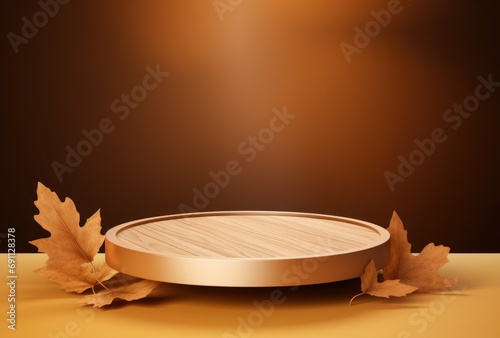 autumn leaves on a circular shape of wood placed on a table,