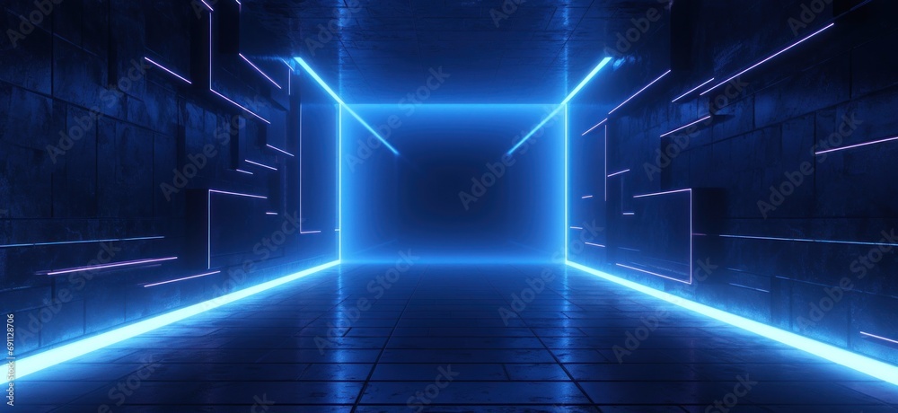 Obraz premium blue LED lights in dark tunnel