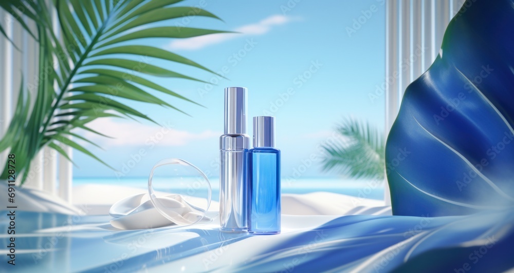 Fototapeta premium bottle and bottle of cosmetics with background in blue