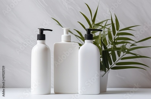 bottles of soap on a white background with a green plant
