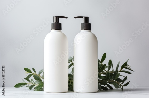 bottles of soap on a white background with a green plant