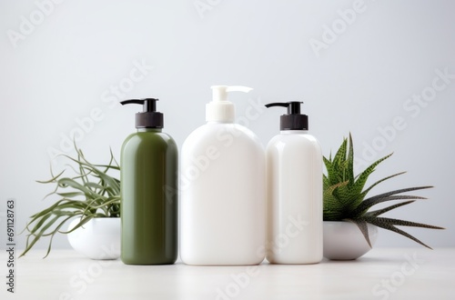 bottles of soap on a white background with a green plant