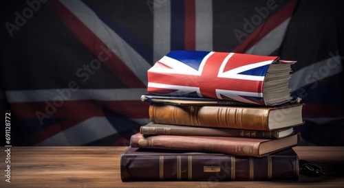 british flag backpack and books on desk