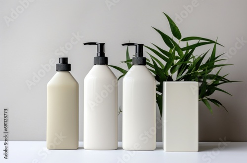 bottles of soap on a white background with a green plant