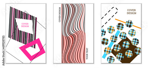 Geometric cover design, set of 3 covers. Abstract unusual background in Memphis style. Bright geometric shapes in random order