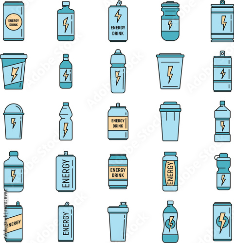 Boost energetic drink icons set. Outline set of boost energetic drink vector icons thin line color flat on white