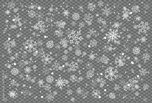 Vector illustration of a transparent background with white sparkles of snow falling from the sky