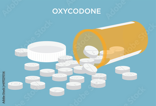 Oxycodone stock illustration with prescription bottle and pills