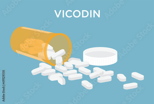 Illustration of Vicodin with the prescription bottle and pills