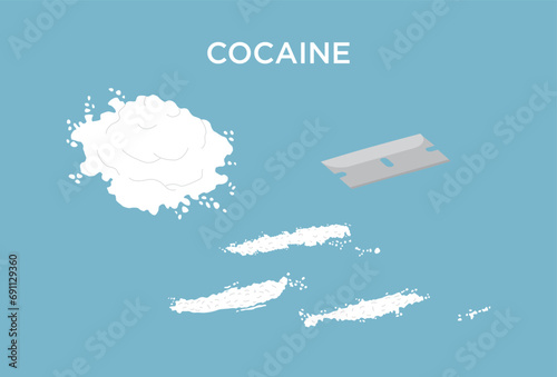 Vector illustration of cocaine with piles and lines of cocaine with a razor blade photo
