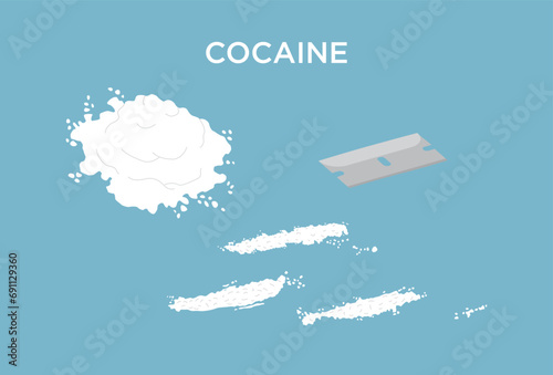 Vector illustration of cocaine with piles and lines of cocaine with a razor blade