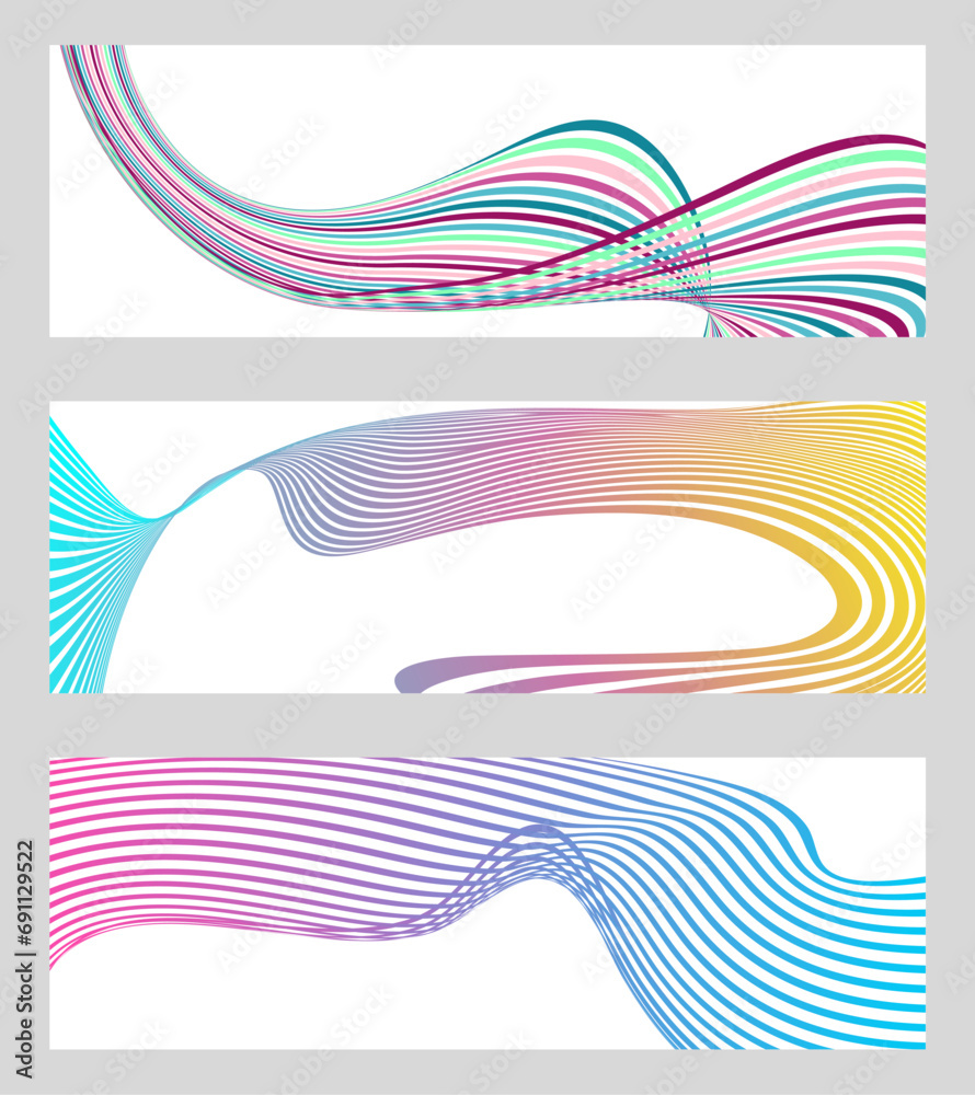 Wavy lines or ribbons. Set of 3 backgrounds. Multicolored striped gradient. Creative unusual background with abstract gradient wave lines to create a trendy banner, poster. vector eps Wavy lines or ribbons. Set of 3 backgrounds. Multicolored striped gradient. Creative unusual background with abstract gradient wave lines to create a trendy banner, poster. vector eps