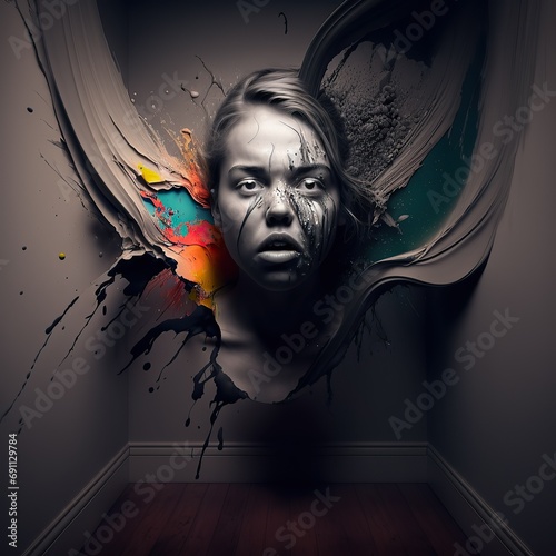 Surreal portrait fusing a child's face with explosive color splashes photo
