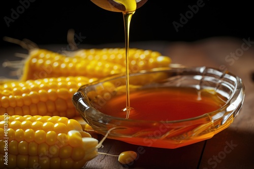 A close-up of thick corn syrup being poured into a glass dish with corn cobs nearby photo