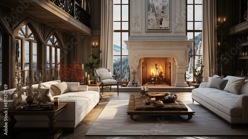 Luxurious interior design living room and fireplace in a beautiful house daytime