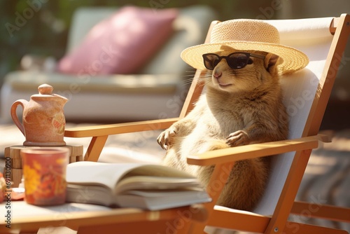 Minimal style, photo-realistic style, lady squirrel lounging in the sun, beach chair, reading a book, sipping tea, sunglasses, floppy sun hat, cream colors, humorous