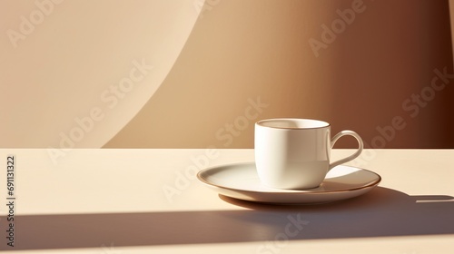  a white coffee cup sitting on top of a saucer on top of a saucer on top of a white table next to a brown and tan colored wall.