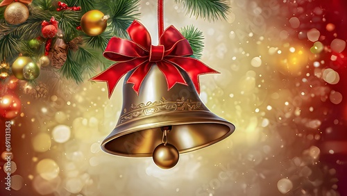 Christmas bells with red ribbon with background