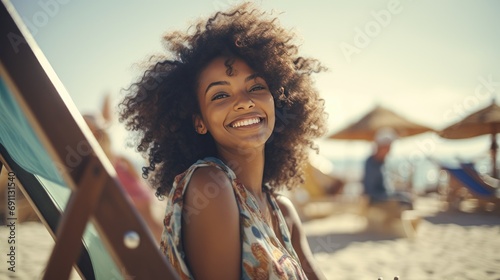 Beautiful Black Woman At Beach. Generative AI © Nanci