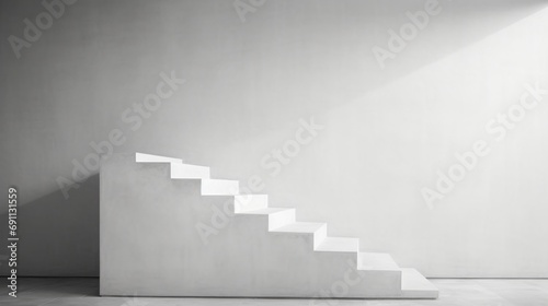  a black and white photo of a set of stairs in an empty room with a bright light coming from the top of one of the stairs to the bottom of the stairs.