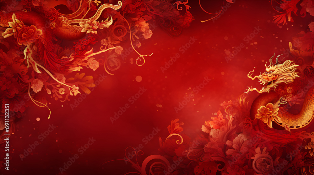 Illustration of a golden Chinese dragon with flowers on a red background - obrazy, fototapety, plakaty 
