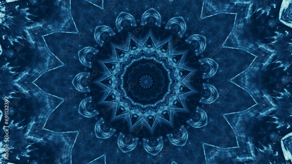 Mandala design. Kaleidoscope background. Blue color glowing circle floral symmetrical abstract ornament free space art illustration.